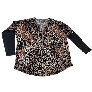 Kate & Mallory Animal Print Top Sz L Brown Black Dolman Long Sleeve Pullover Zip